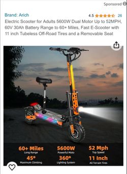 Electric Scooter for Adults 5600W Dual Motor Up to 52MPH, 60V 30Ah Battery Range to 60+ Miles, Fast E-Scooter with 11 inch Tubeless Off-Road Tires and