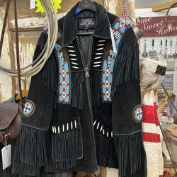 Black Leather Beaded Fringe Jacket