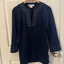 Michael Kors Womens Navy Studded Pockets V-neck Tunic Dress Size XS