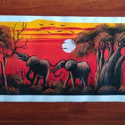 Authentic Elephant at Sunset African Painting - Fabric Canvas 13 1/2"x 30 in