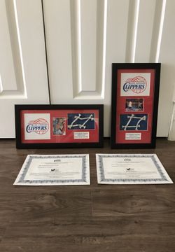 Set of 2 Los Angeles Clippers framed piece of game-used net with certificate - signed player card of Marcus Camby and Eric Gordon