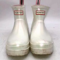 Hunter Womens White Iridescent Galoshes Pull-On Ankle Rain Rubber Boots Size 8
