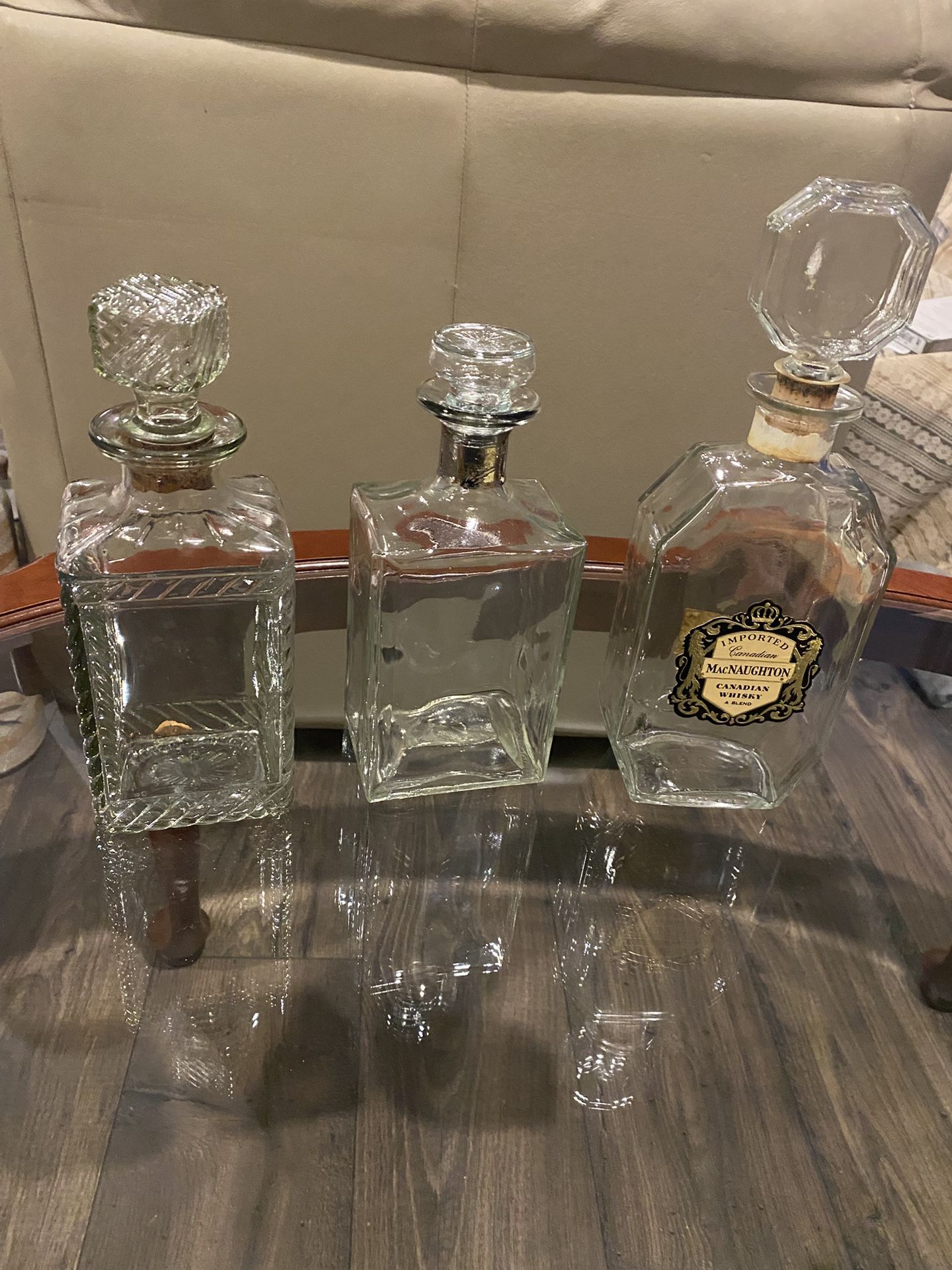 3 Vintage Whiskey Glass Decanters With Top.