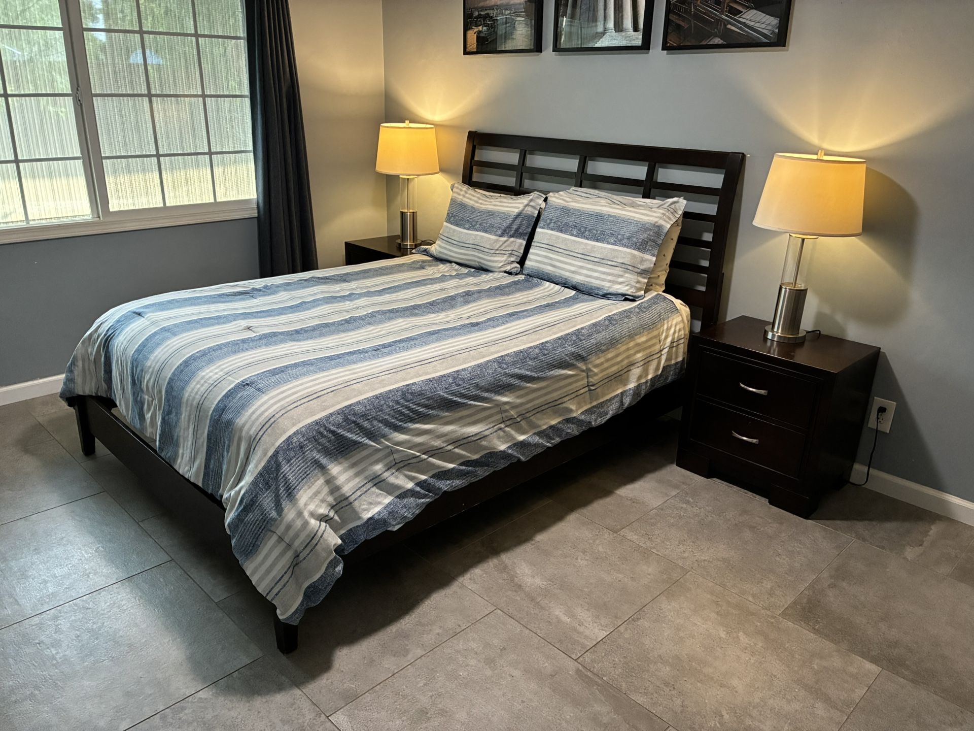 Queen Bed Frame + 2 Matching Nightstands