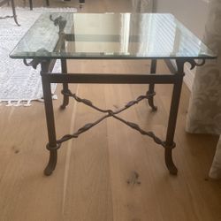 Matching Coffee Table And End Table. Glass And Wrought Iron.