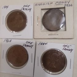 British One Pennies 1914,1936,1962,1964