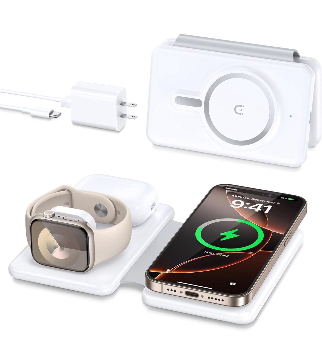 Magnetic Wireless Charger for iPhone: 3 in 1 Travel Charging Station for Apple Devices for iPhone 17 Air 16 15 14 13 12 Pro Max Plus - Foldable Chargi