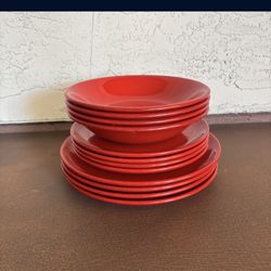 One New 12 Piece Set Of Red Ceramic Dinnerware