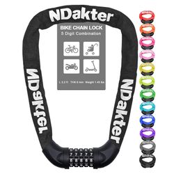 NDakter Bike Chain Lock, 5 Digit Combination Heavy Duty Anti Theft Bicycle Chain Lock, 3.2/4.27/5Ft Long Security Resettable Bike Locks For Bike, Bicy