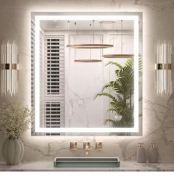 T) 32x36 Inch LED Bathroom Mirror with Lights, Frontlit & Backlit HD Tempered Grass, 3-Color Temperature & Stepless Dimmable Lighting, Fast & Safe Def