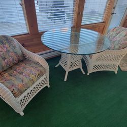 White Wicker Patio Set With Round Glass Table And 2 Chairs With Cushions