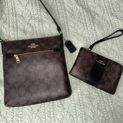 Coach Signature Canvas Crossbody + Matching Wallet – Brown/Black – Excellent