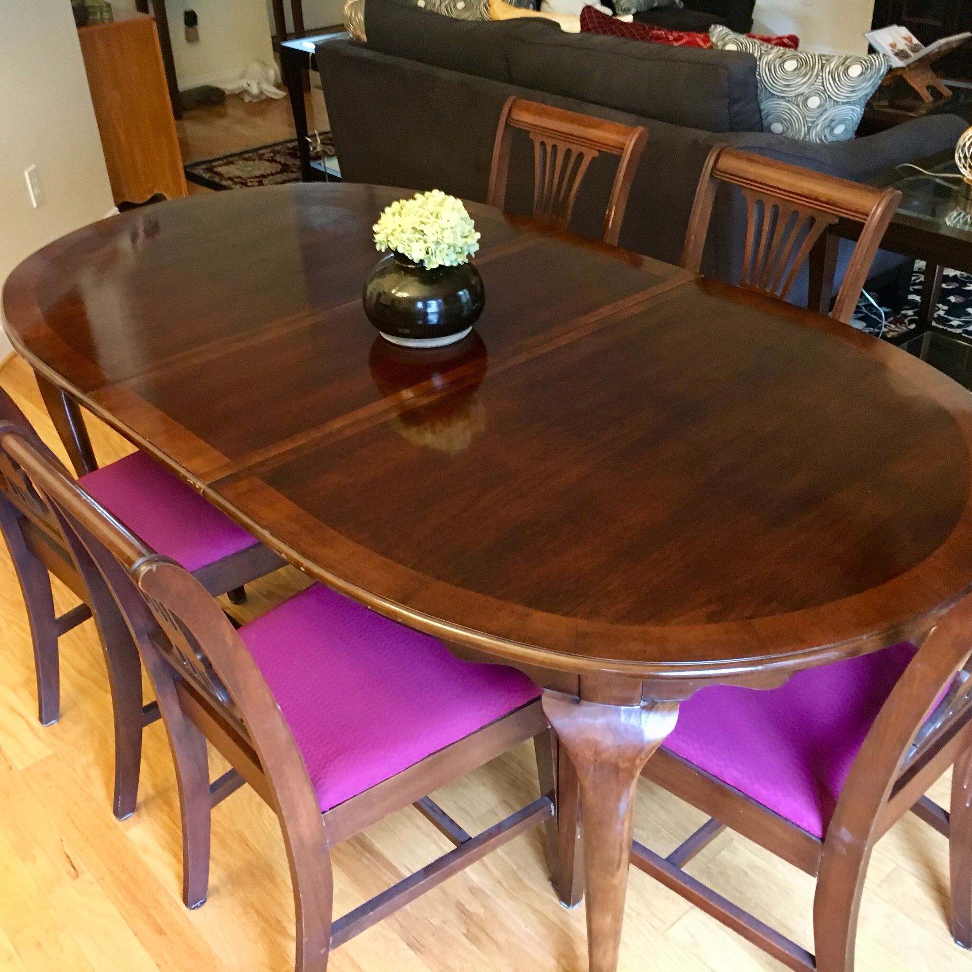 Antique dining room table with six chairs