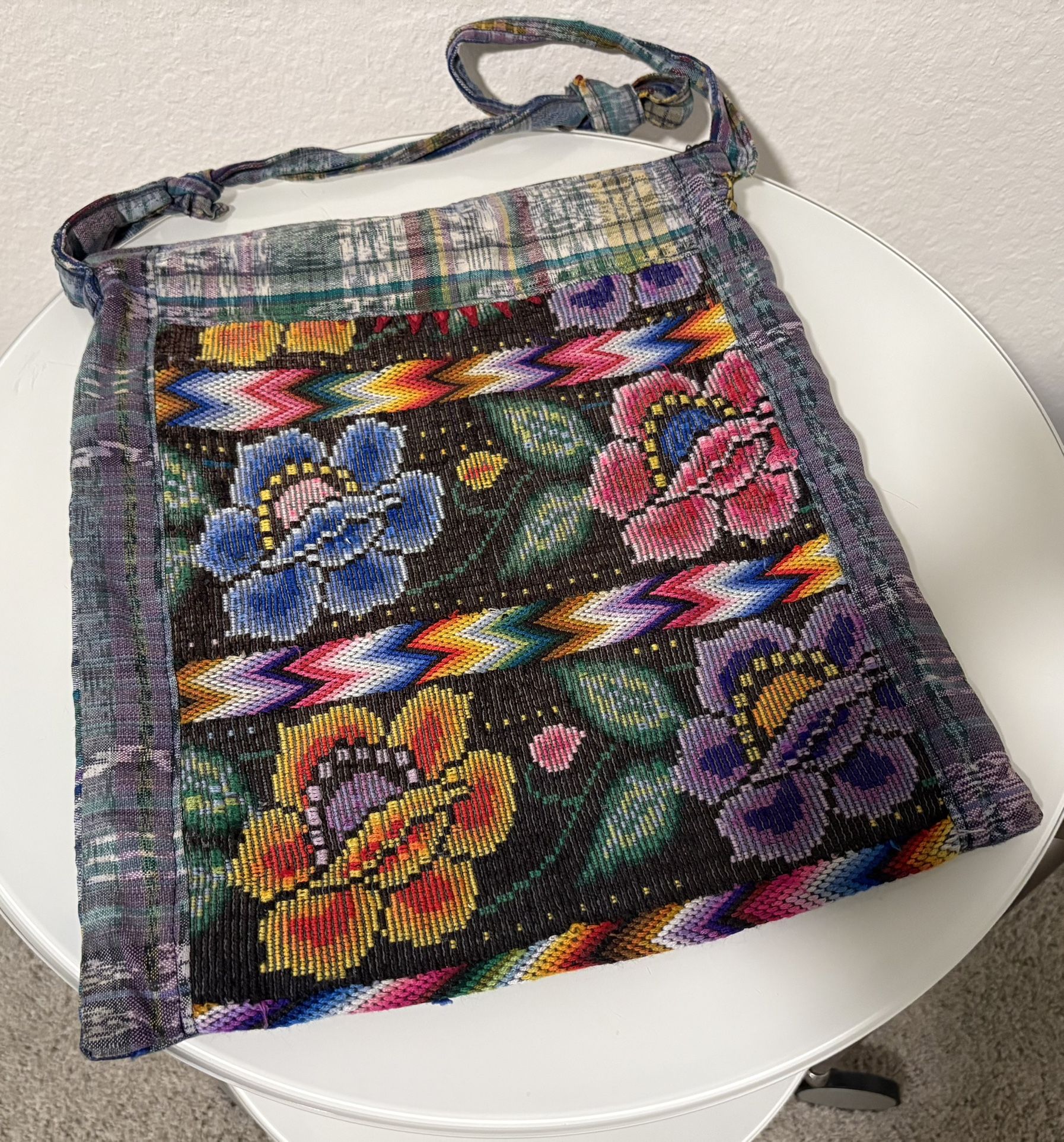 Hand Embroidered Fabric Bag with Shoulder Strap and Zipper