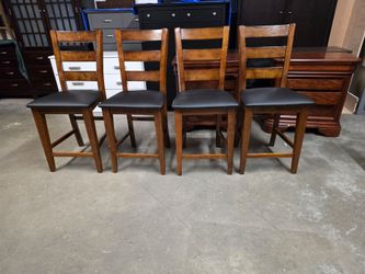 Set of 4 Wood / Black Leather Counter Height Chairs