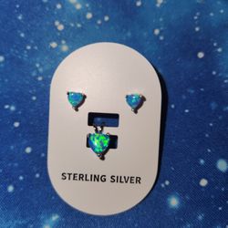 New Sterling Silver Blue Lab Opal Pendant Heart Earrings Set