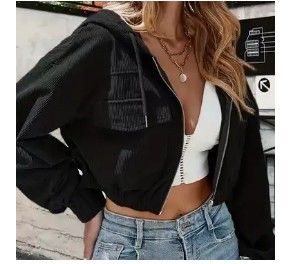 Black Zip Up Cropped Corduroy Hooded Jacket Size S