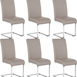 Dining Chairs Set of 6 Modern Faux Leather Upholstered Dining Room Chairs with High Back and Metal Chrome Legs for Kitchen/Living Room/Restaurant, Lig