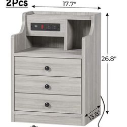 😀 2Pcs Tiptiper Nightstand, Grey Night Stands with Hutch and Charging Station, Nightstand with 3 Drawers for Bedrooms, Modern Bedside Table End Side