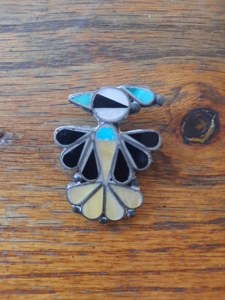 Vintage Zuni Thunderbird Pin Coin Silver & Stone Inlay Turquoise Mother of Pearl Pin Brooch