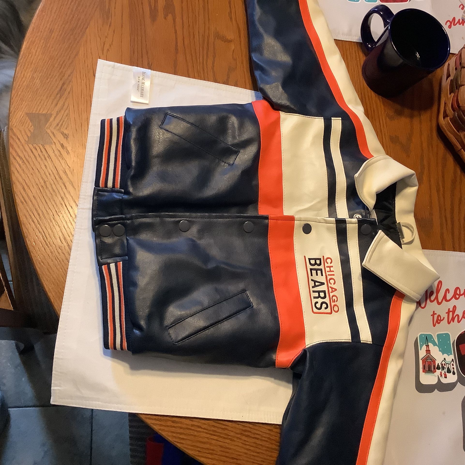 Chicago Bears Navy Blue Body White Leather Letterman Jacket Varsity Jacket size 4T sewn letters & N
