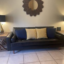 Black Faux Leather Midcentury Couch