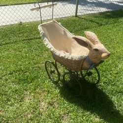 Wicker Antique Stroller With 3 Stuffed Rabbits 