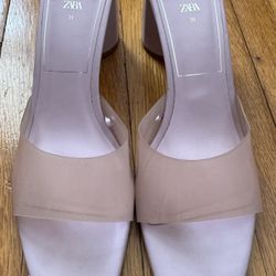 Zara Pink Translucent Front Blocked Heel Square Toes Sandals Wedges, size 8.5