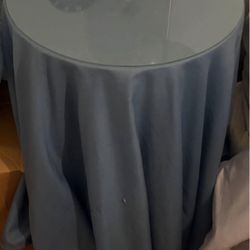 Set of 2 Round Glass Top Tables + Blue Tablecloths