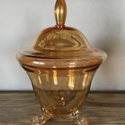 Vintage Lusterware Peach Iridescent Glass Candy Dish 3 Footed By