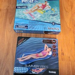 5 New Unopened Watersport Inflatables: 2 Pool Loungers, 1 Pool Volleyball Set, 1 Pool Ring, 1 Underwater Ball, 1 Double Action Air Pump