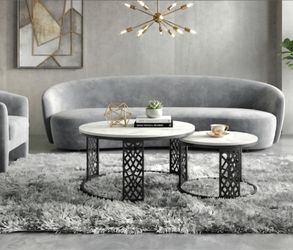 2 PIECE COFFEE TABLE BLACK AND WHITE FAUX MARBLE TOP