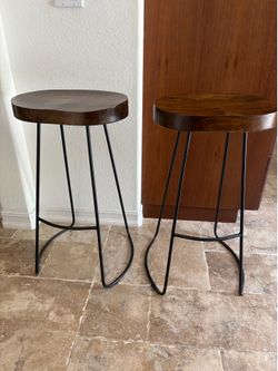 Solid Wood Saddle‐Seat Bar Stools – Dark Cherry + Metal Legs (Set of 2)