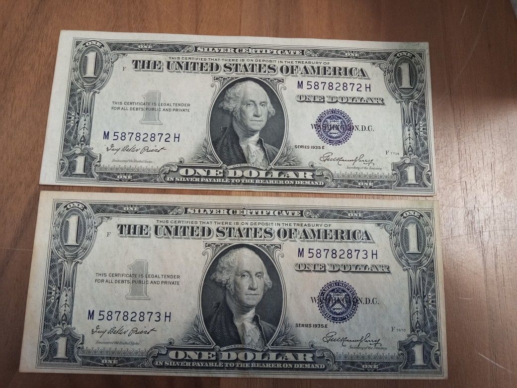1935E Silver Certificates 2 Consecutive Serial Numbers