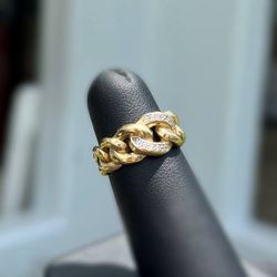 Jewelry 10k solid yellow gold white cz stones 0.20CTW cuban link ring sz 6.00
