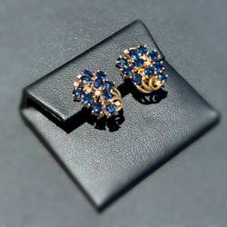 Jewelry ArtDeco 14k solid yellow gold sapphire natural diamond sapphire 8.20CTW flower earrings