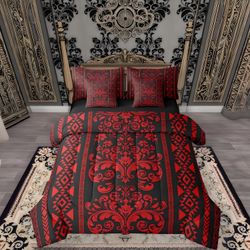 New RezsoyeN Red Damask Full Size 7-Piece Comforter  Sheet Set - Victorian Baroque