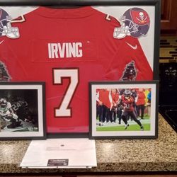 BUCKY IRVING OF THE TAMPA BAY BUCCANEERS, STITCH, BRANDED, AUTHENTIC JERSEY, WITH SIGNED PHOTO, COA.