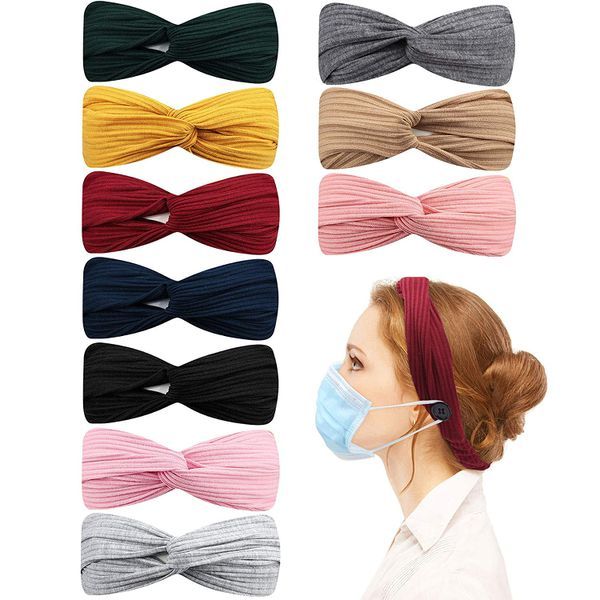 10 Pcs Headbands with Buttons for Face Mask, Knot Headband Twist Headbands