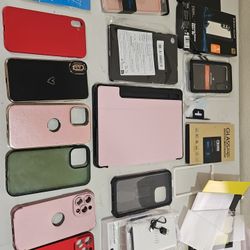 ALOT OF MOBILE CASES, TABLE CASES 11", EARBUDS,  TRAVEL CHARGER 