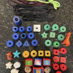 Wooden Lacing Beads With Laces - Set Of 43 Beads