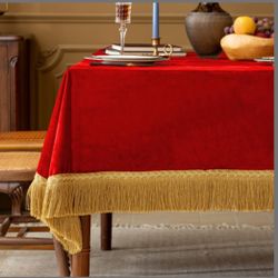 F-CHU Luxury Red Tablecloth Thickset Velvet Tablecloth With Beautiful Gold Tassels Vintage Table Cloth For Home Decor Wedding, Party, Banquet And Even