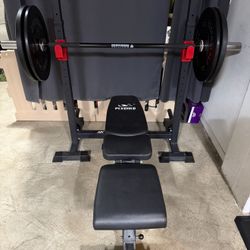 Adjustable Weight Bench w/ Squat Rack + Olympic Bar & Plates