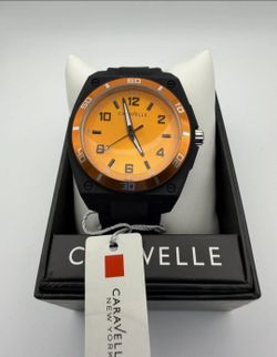 Bulova Caravelle New York Quartz Watch Black Band Orange Dial/Bezel