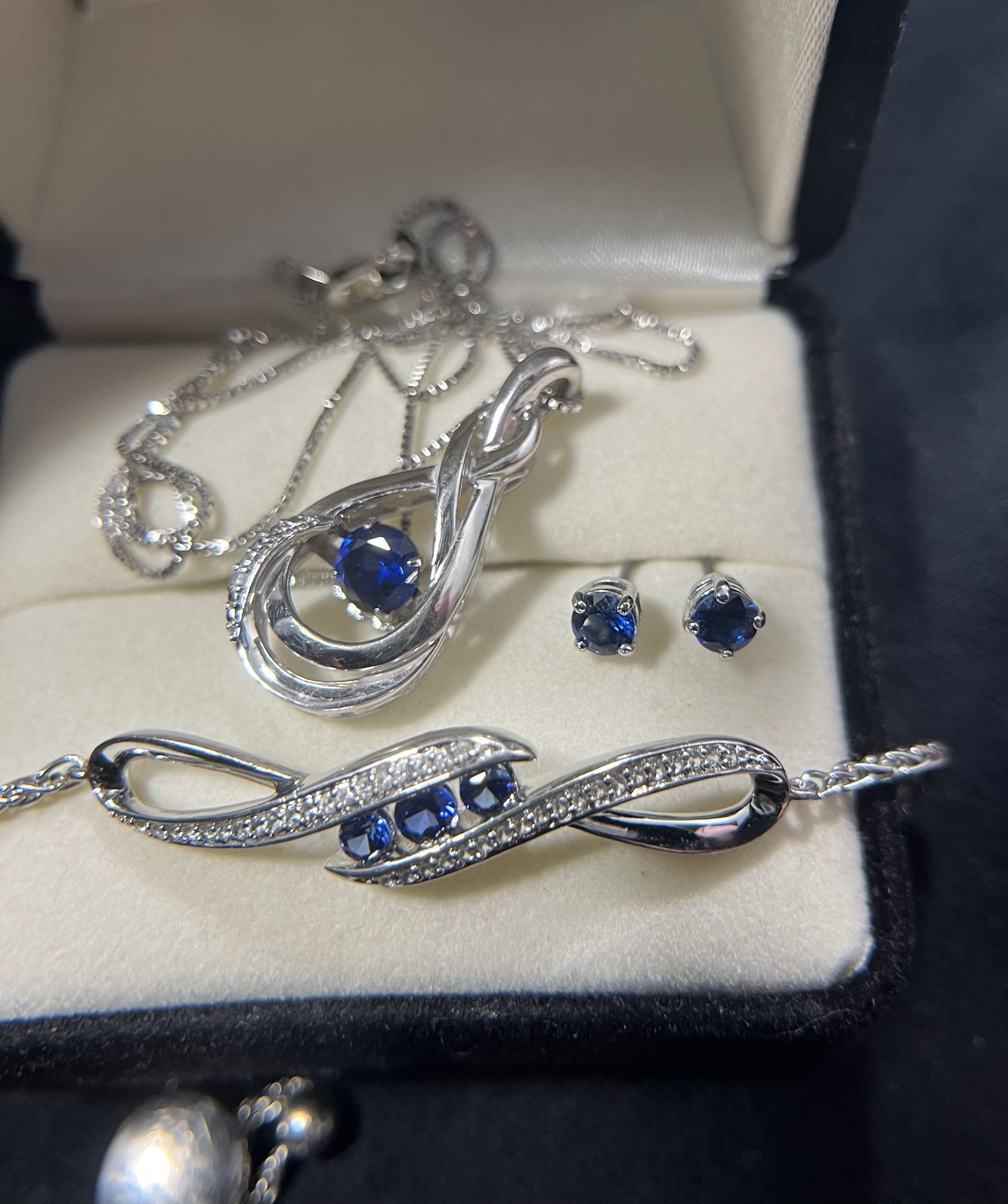 Sterling Silver Sapphire Set, Necklace, Bracelet, Earrings