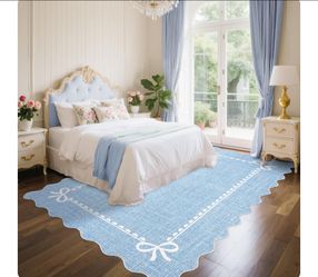 Brand new GarveeHome Scalloped Bow Rug for Living Room, Solid Blue Rug for Dorm, Washable Rugs 8x10 Soft Low Pile Non Slip Scalloped Rugs for Nursery 