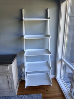 White 5-Tier Leaning Ladder Bookshelf – Modern Display Shelf – $124 Each