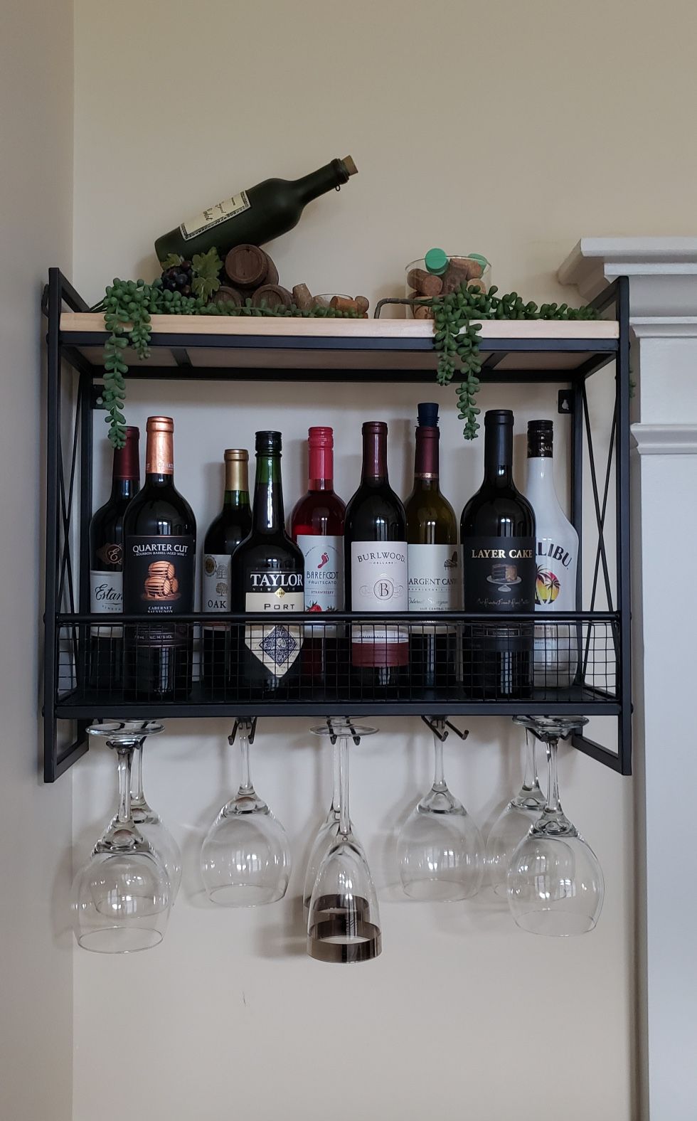 Quality Sells Wall Mount Wine Too Rack - 10 Stem Glass Holder - Metal/Wood Design - Mesh Addition - Stores up to 9 Wine Bottles