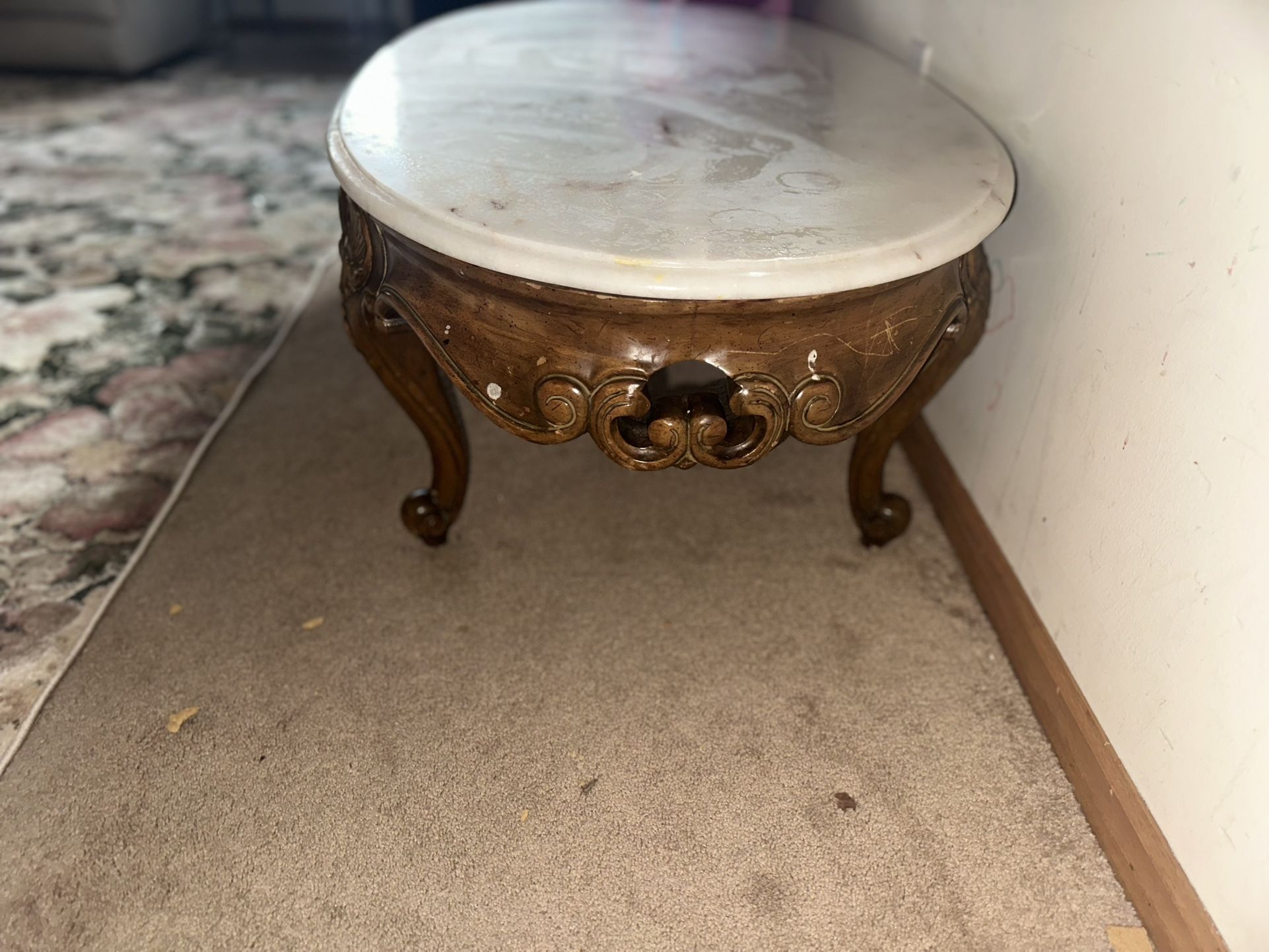 Vintage Marble Coffee Table with Ornate Wooden Base