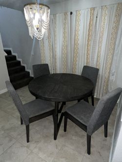 Round Kitchen  Dining  Table Farmhouse Gray and 4 Chairs 